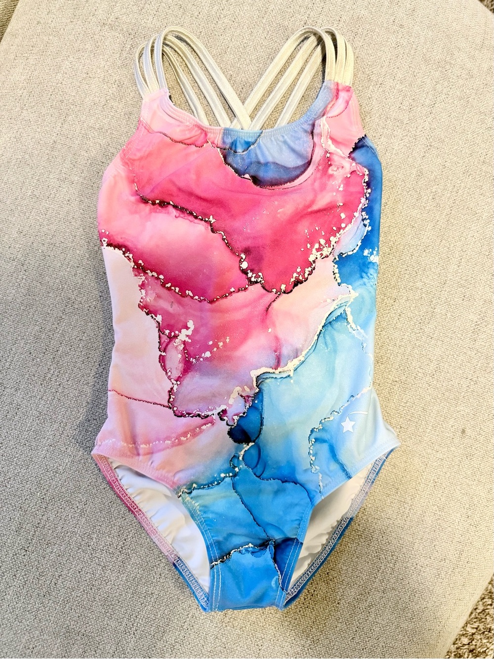Destira Marbled Pink & Blue Girl’s Leotard with Crisscross Straps